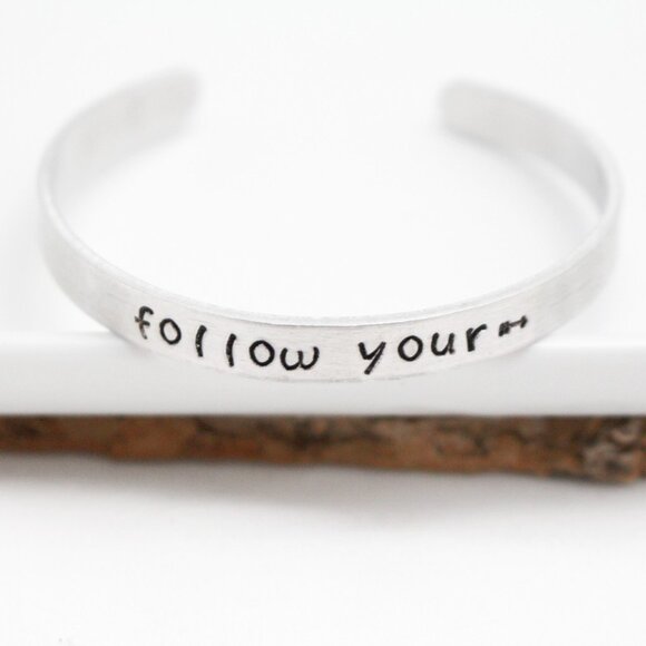 Follow Your (Arrow) ---> - Hand Stamped Anodized Aluminum Bangle - Adjustable - Picture 8 of 11